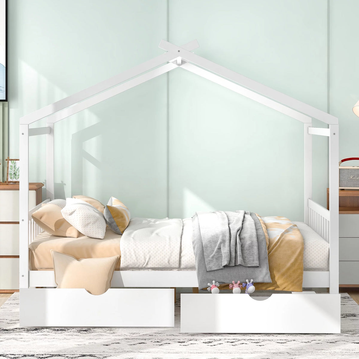 White Full Size Platform Bed with Two Drawers N576589
