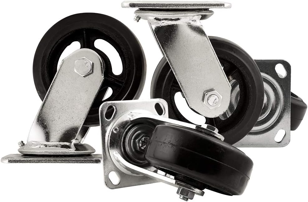 Heavy Duty 5 Inch Rubber Caster Wheel with Swiveling Top Plate, Black/Chrome, Pack of 2 K37438