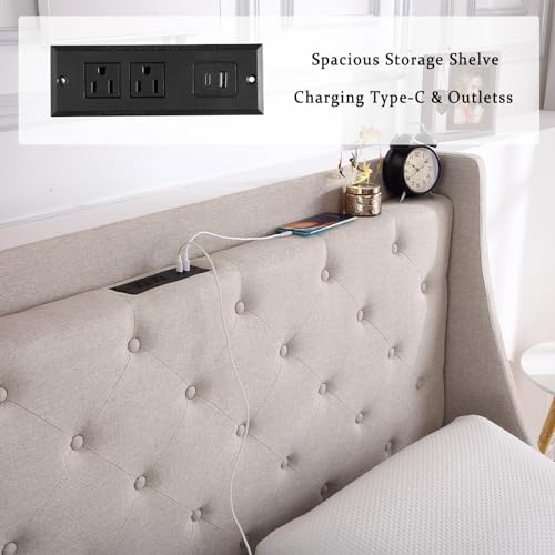 Full Size Upholstered Platform Bed with Button Tufted Storage Headboard and 4 Storage Drawers X780103