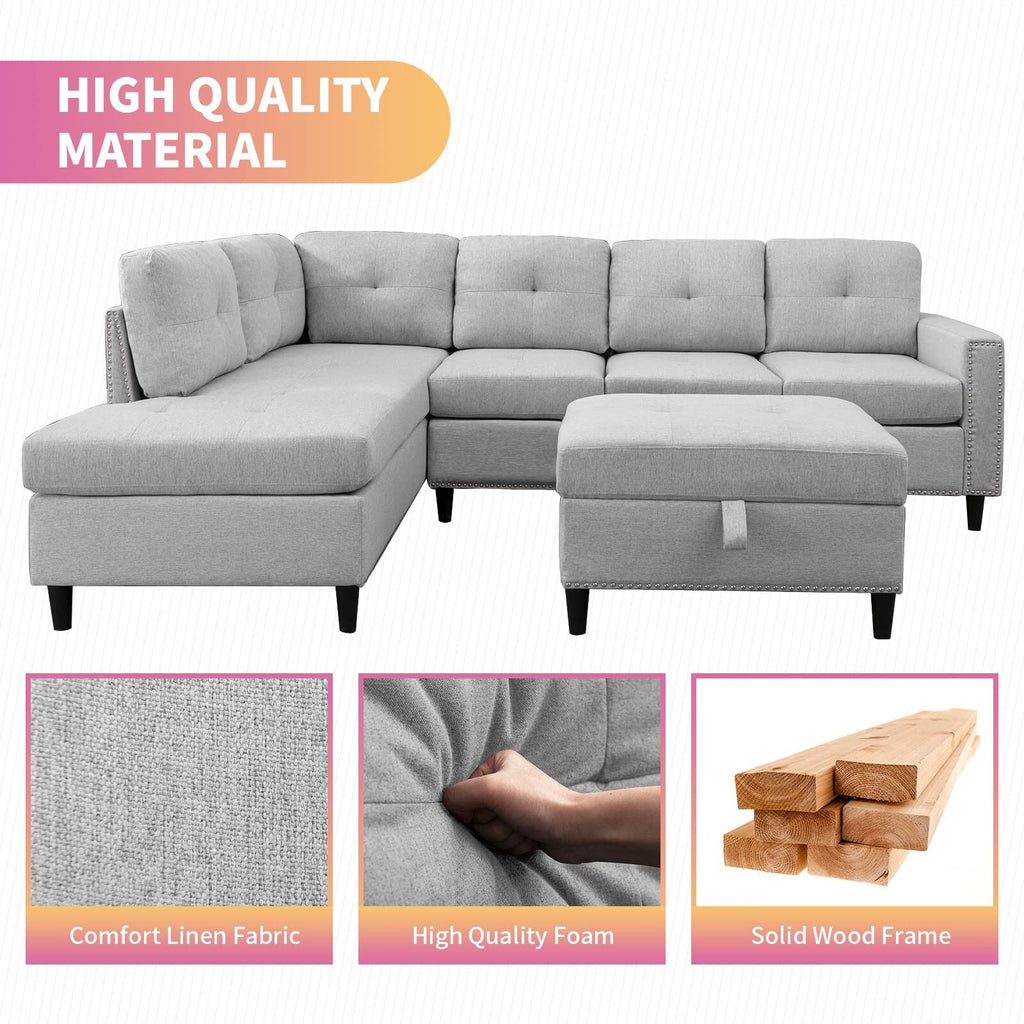 Light Grey L-Shaped Sectional Sofa with 2 Cup Holders and Storage Ottoman S40937