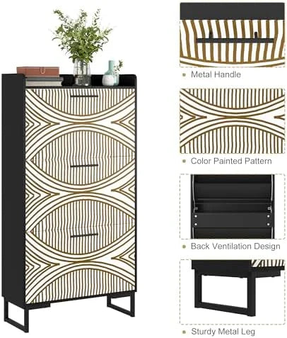 White Slim Shoe Cabinet with 3 Flip Drawers X336