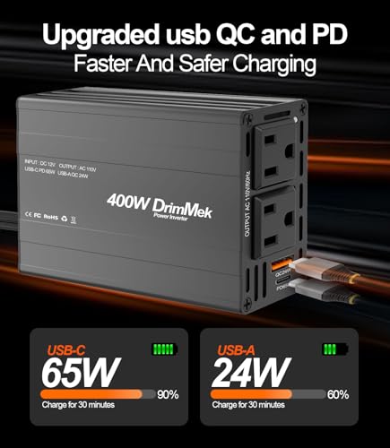 400W Car Power Inverter Dual DC 12V to 110V AC USB C 65W F884