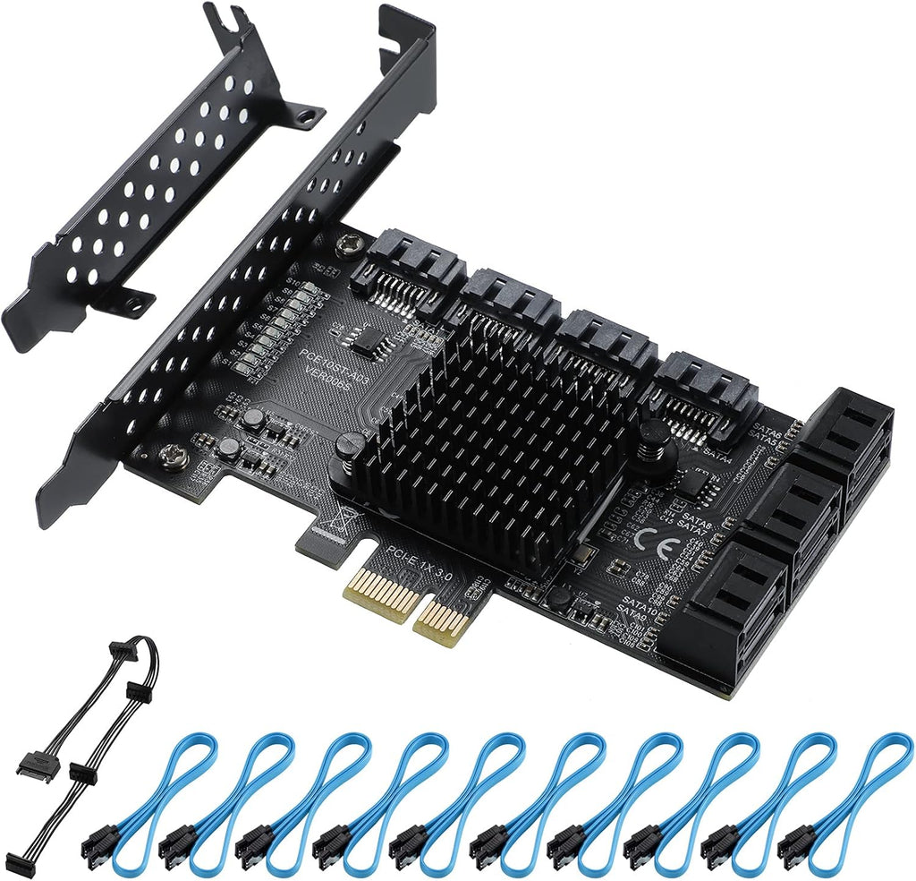 PCIE 1X 10 Ports 6 Gbps SATA 3.0 Expansion Card with Low Profile Bracket and 10 SATA Cables M964