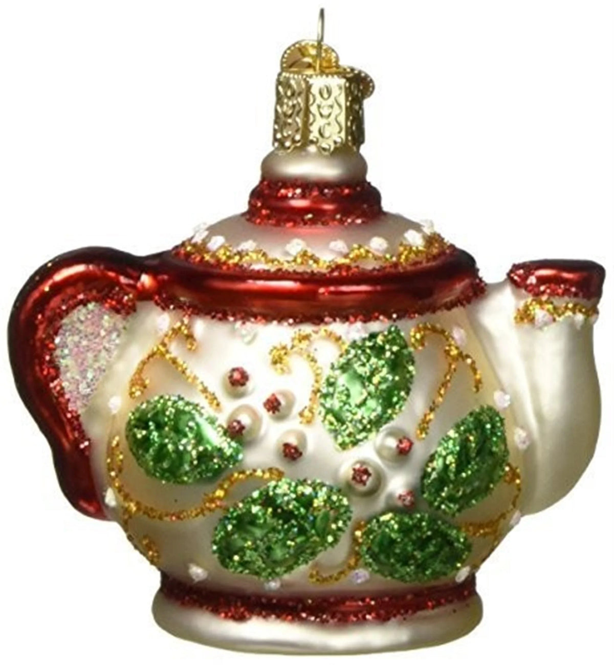 Glass Blown Christmas Ornament, Holly Teapot F64748