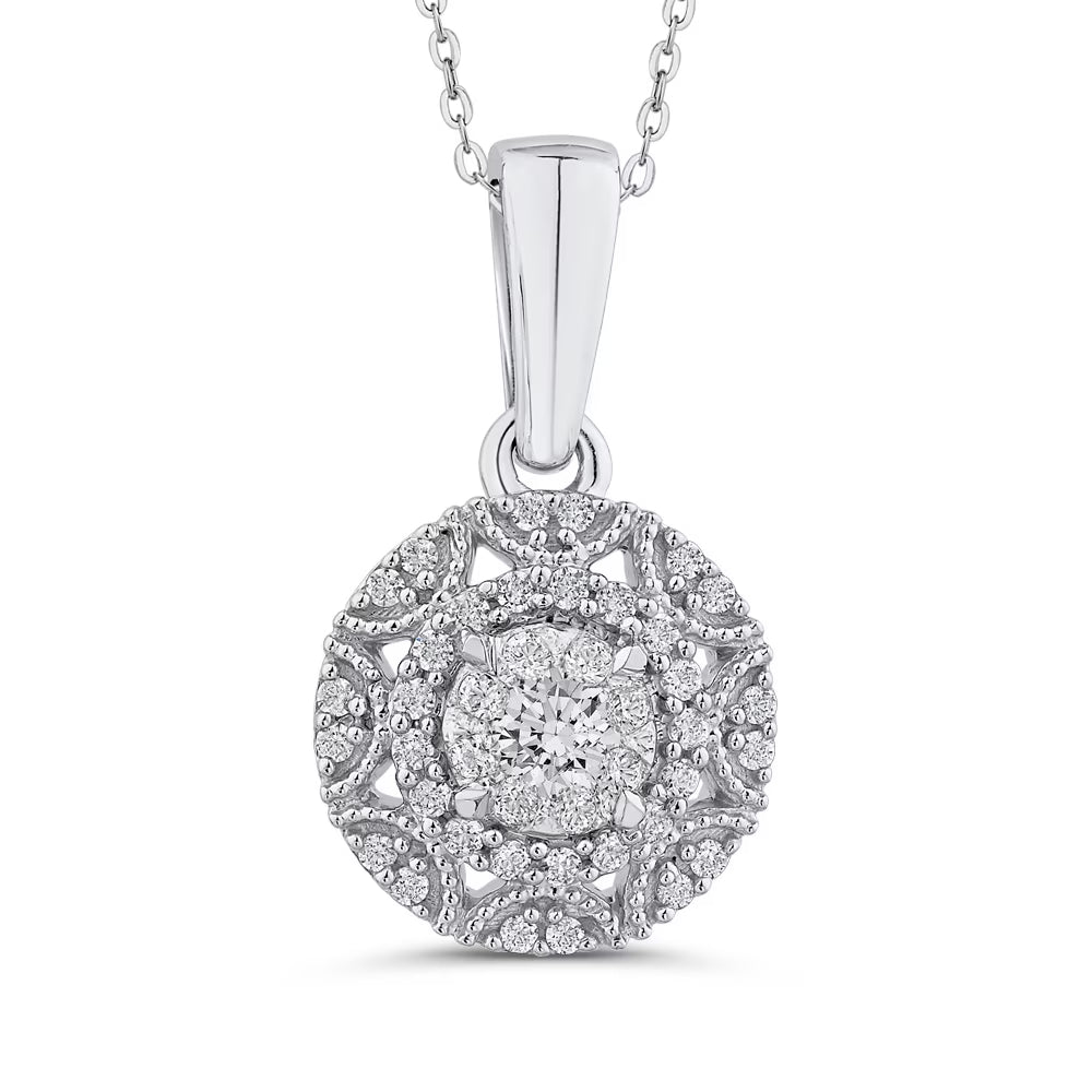 Diamond Cluster Halo Pendant Necklace in 10k White Gold V490950