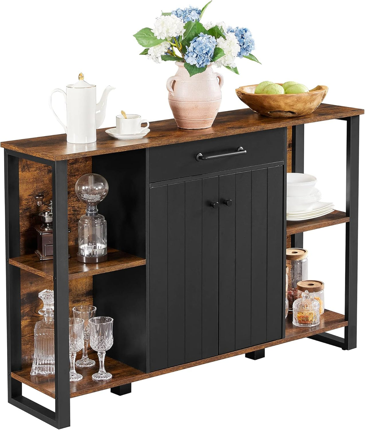 Rustic Brown and Black Steel Frame Buffet Cabinet with Drawer and Shelves L362