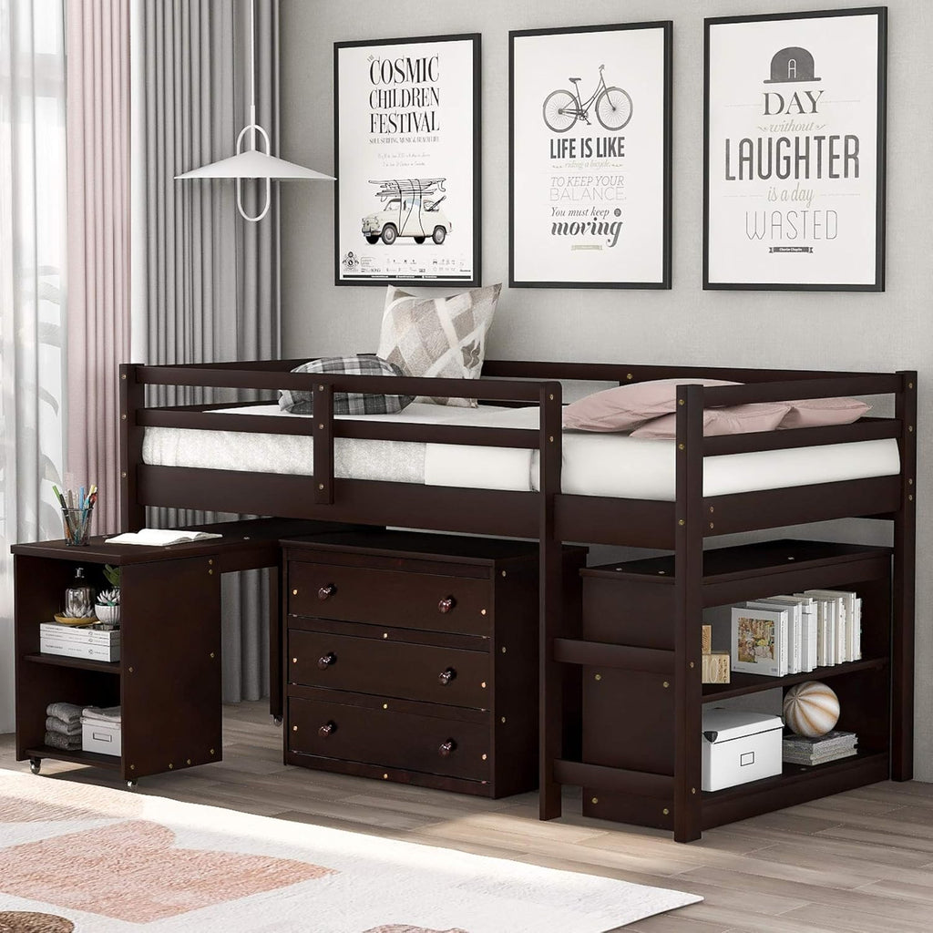 White Solid Wood Twin-Size Low Loft Bed Frame with Ladder and Desk S8898