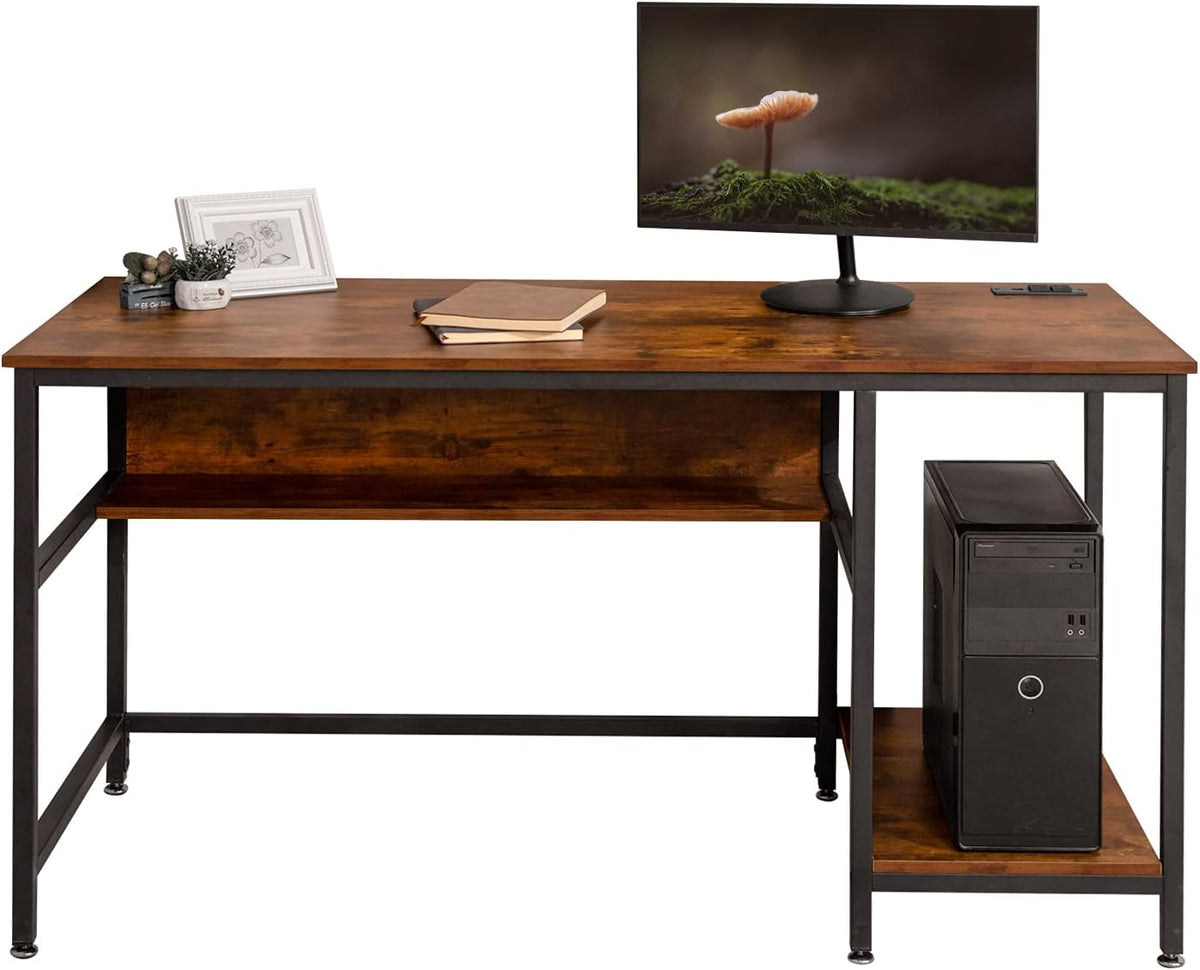 Rustic Brown 55 Inch Computer Desk with Power Outlet and Storage Shelves P1383