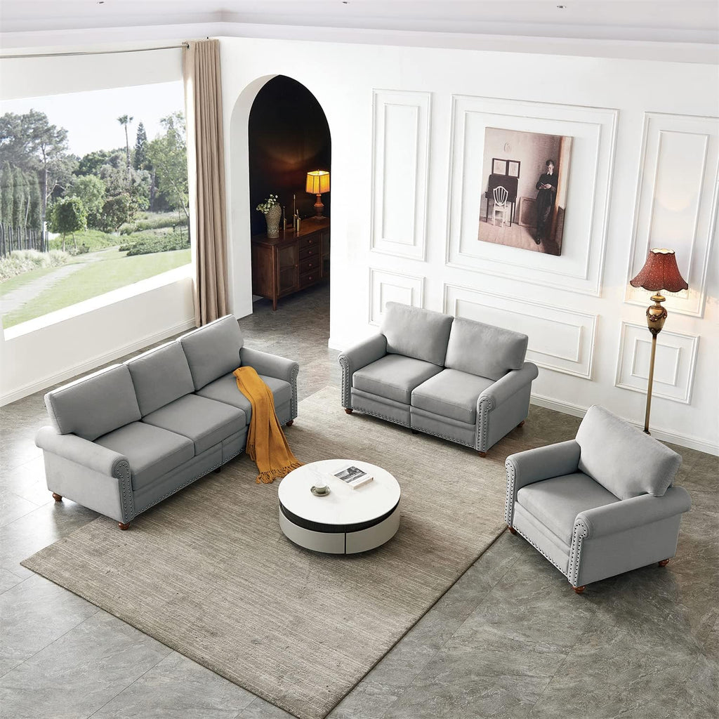 Grey 3 Pcs Sofa Set with Storage O987682