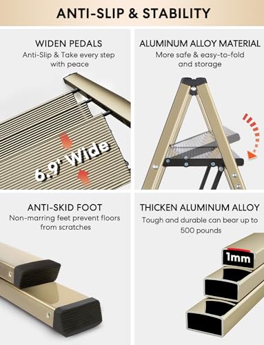 4 Step Ladder, Lightweight Portable Folding with Anti-Slip Wide Pedal, 330lb Capacity Aluminum, Black V2866