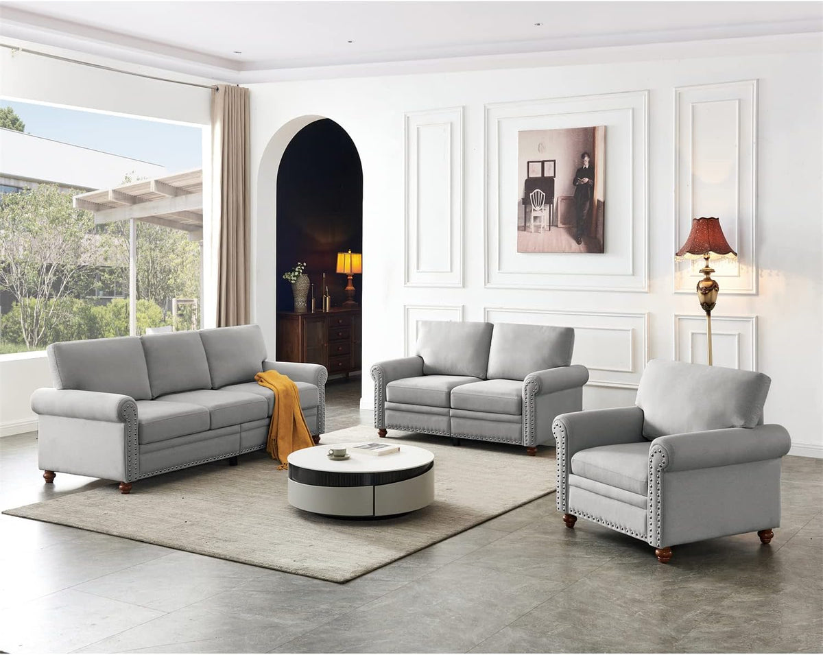 Grey 3 Pcs Sofa Set with Storage O987682