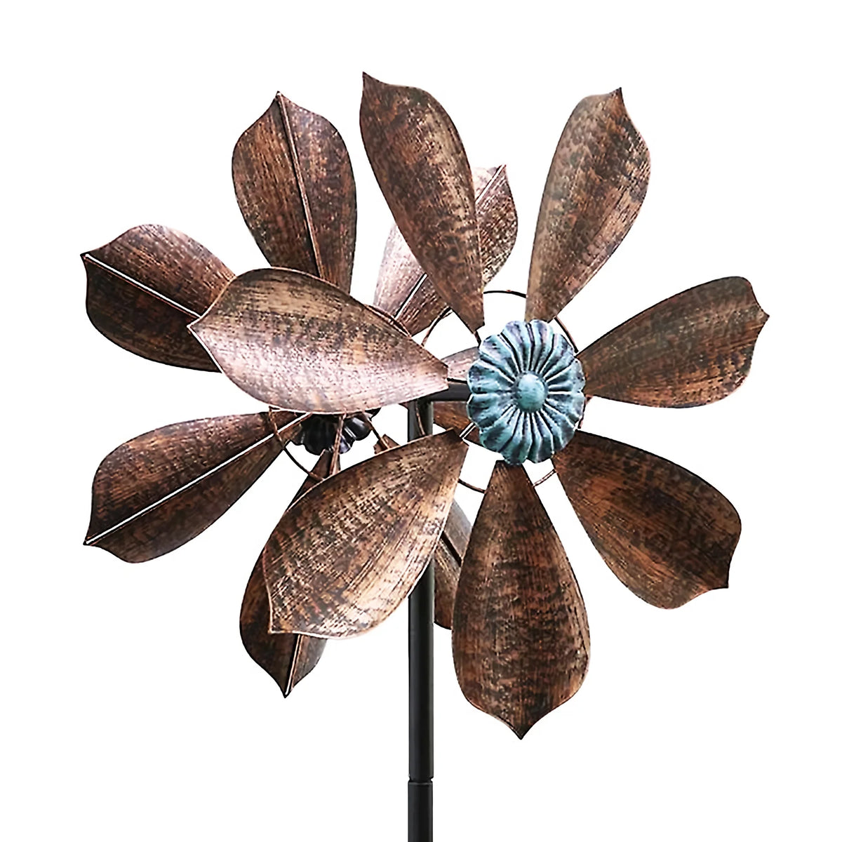 60 inch Metal Wind Spinner with Bronze Leaves and Blue Flower Core J14067