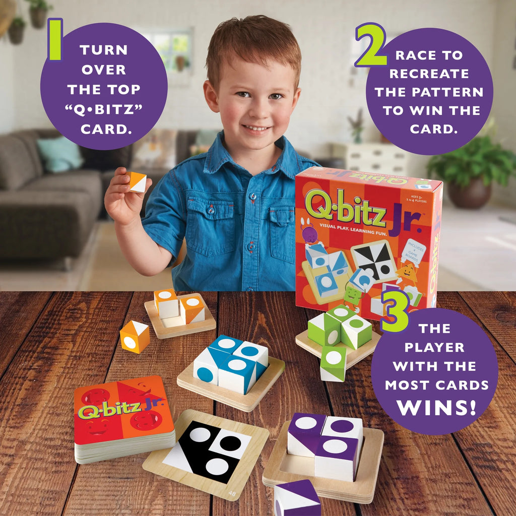 Q-bitz Jr. Game - 60 Pattern Cards, 4 Wooden Cube & Tray Sets N4539