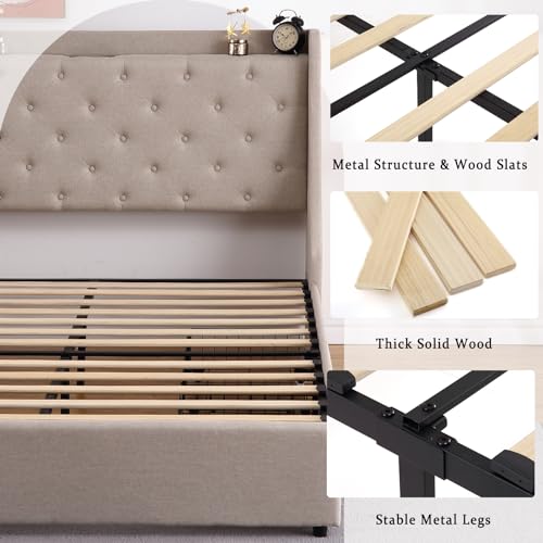 Full Size Upholstered Platform Bed with Button Tufted Storage Headboard and 4 Storage Drawers X780103