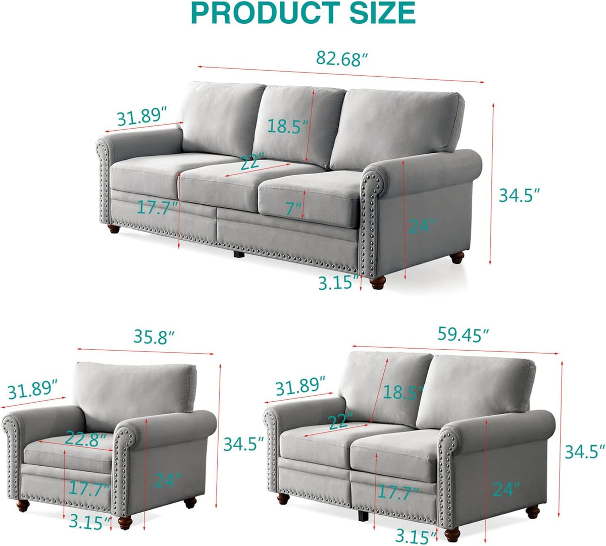 Grey 3 Pcs Sofa Set with Storage O987682