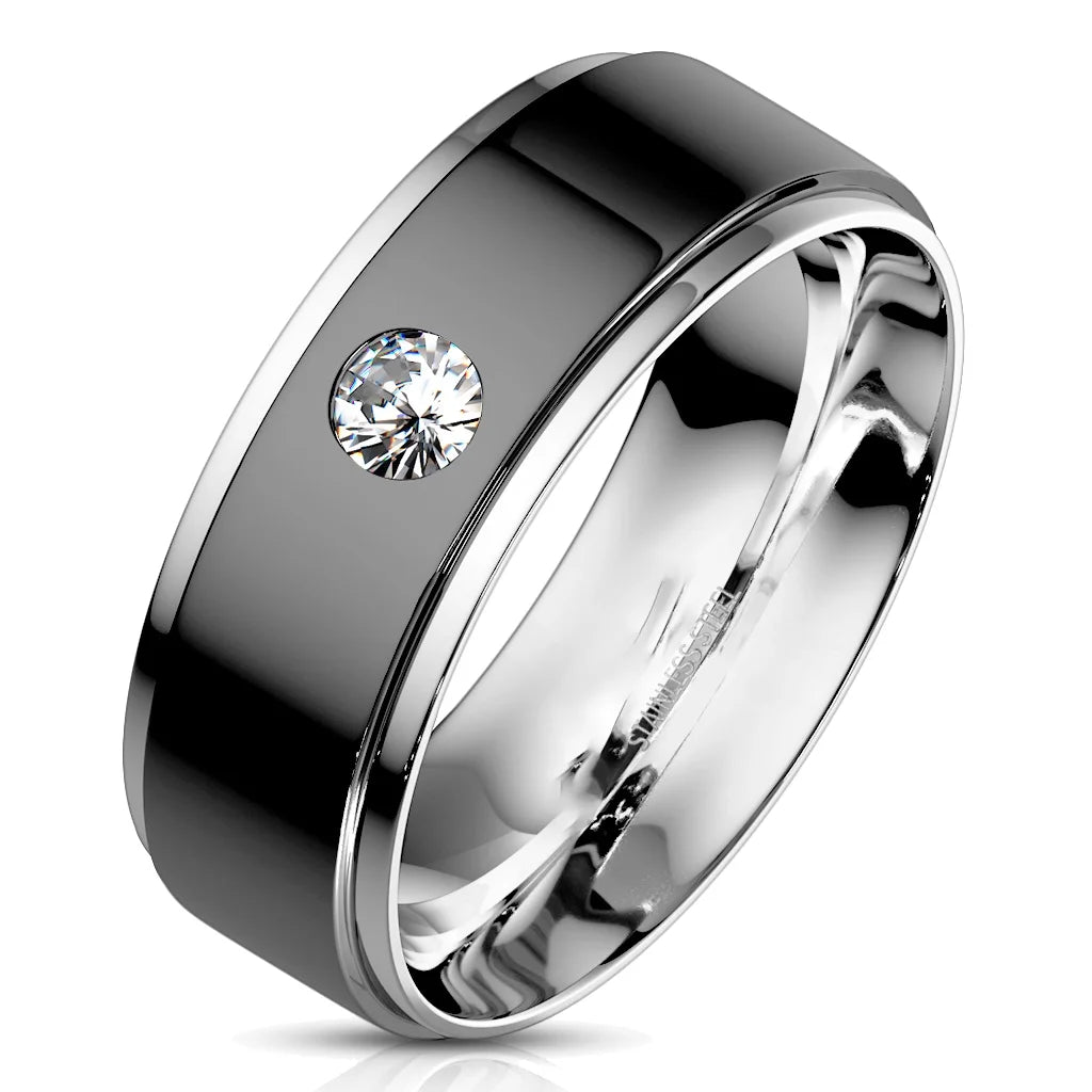 3 Piece Sterling Silver Black Wedding Band Engagement Ring Set V89113
