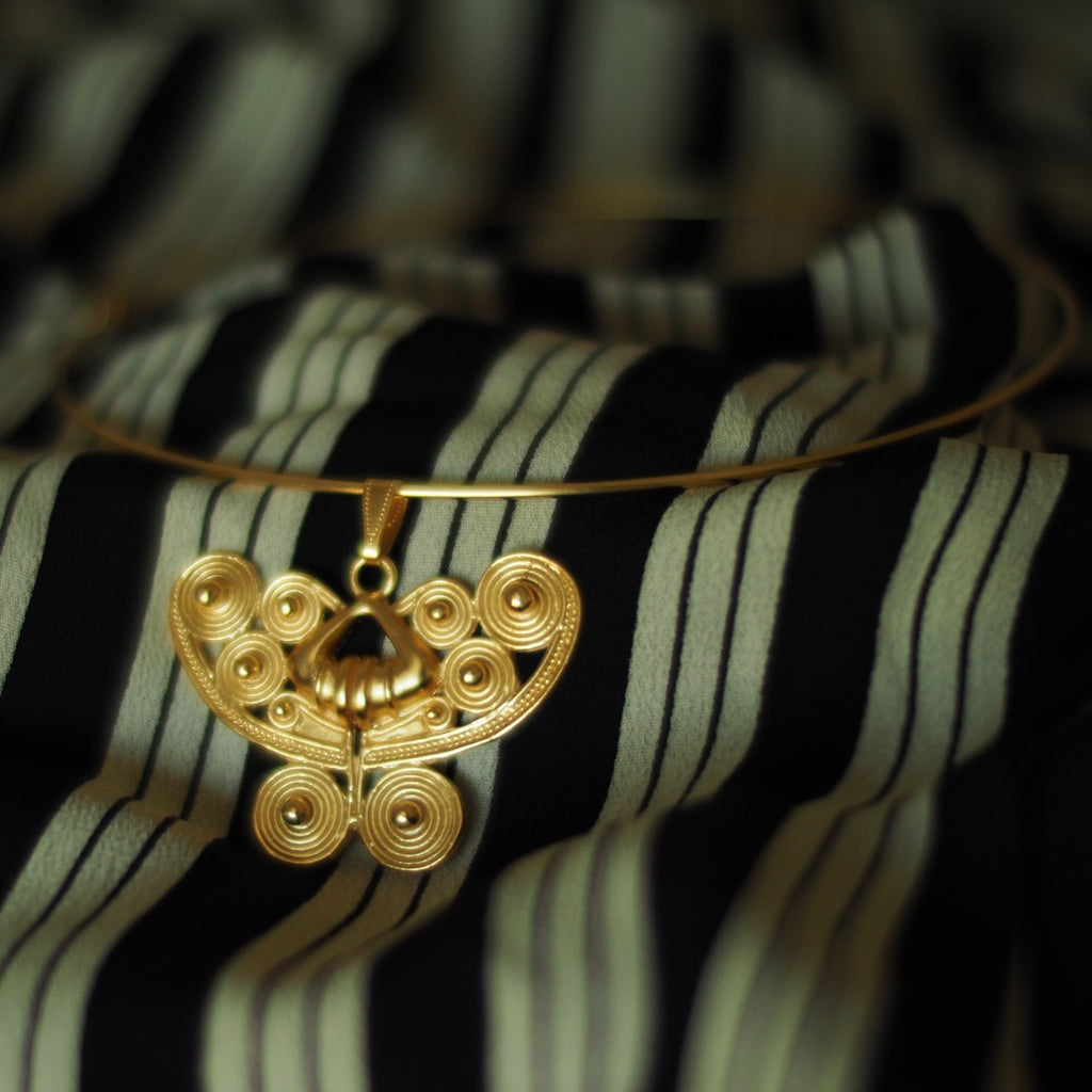 24k Gold Plated Omega Choker Necklace with Butterfly Pendant L725774