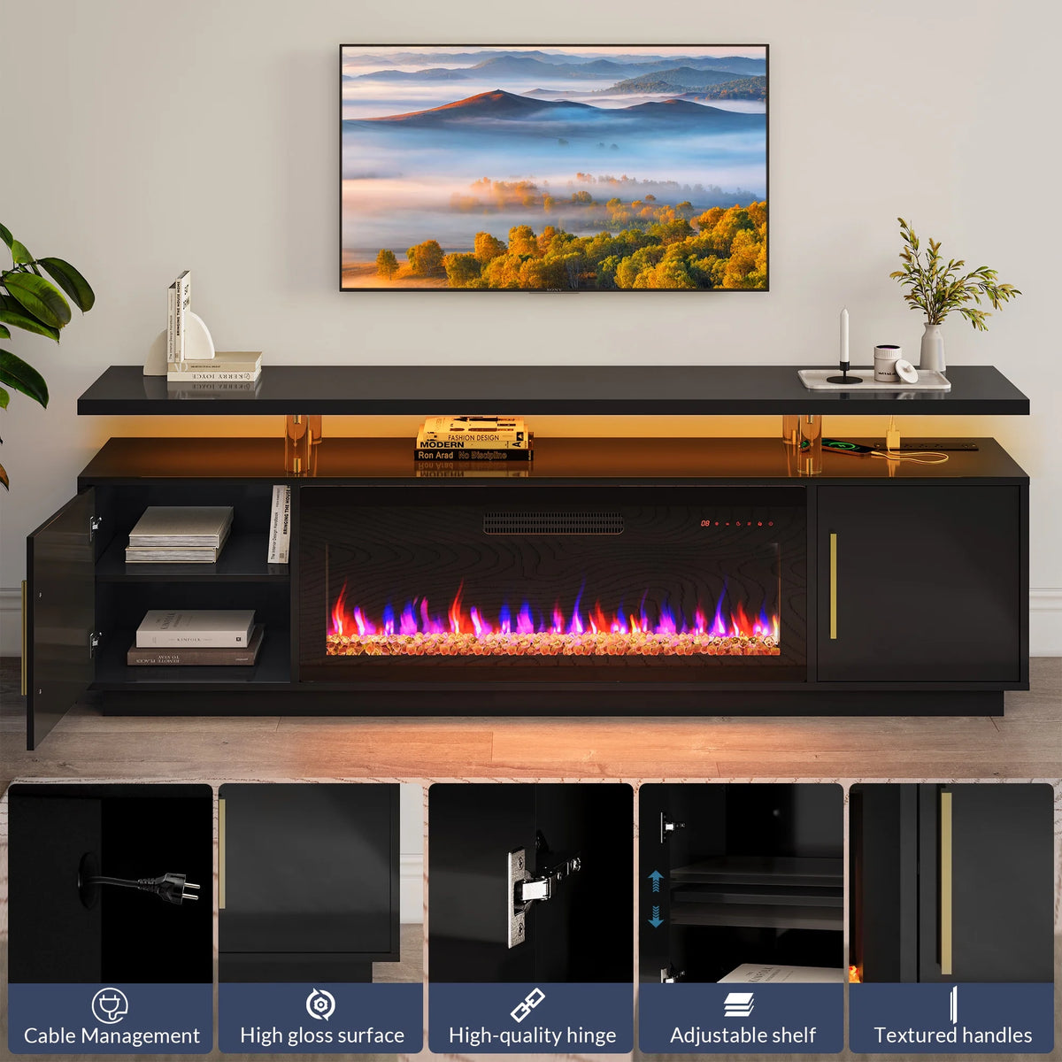 79" TV Stand with Electric Fireplace and Storage Cabinet Q8445