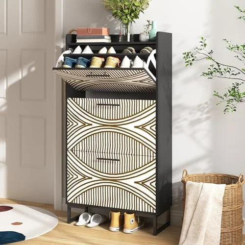 White Slim Shoe Cabinet with 3 Flip Drawers X336