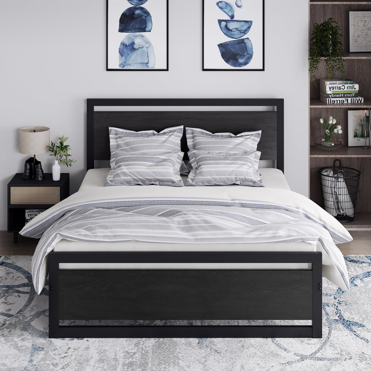 Queen Size Metal Platform Bed Frame with Wooden Headboard Footboard C5418