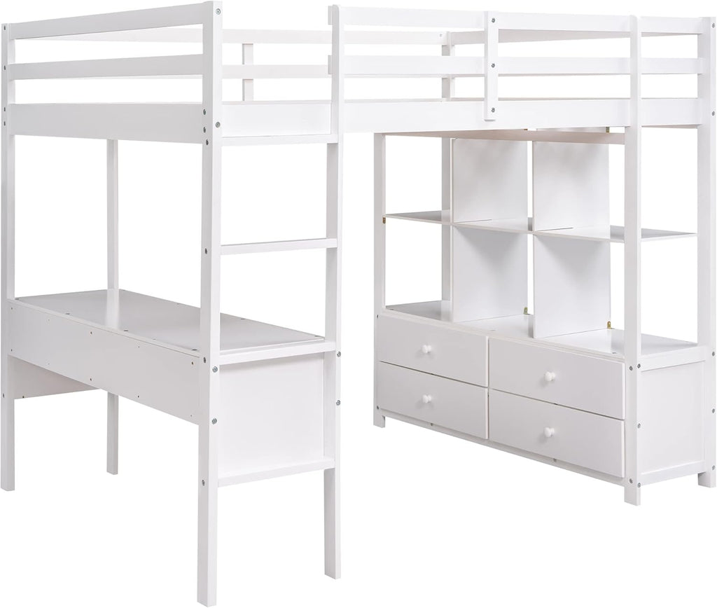 White Full Size Loft Bed with Built-in Desk, 2 Drawers and Storage Shelves Y494944