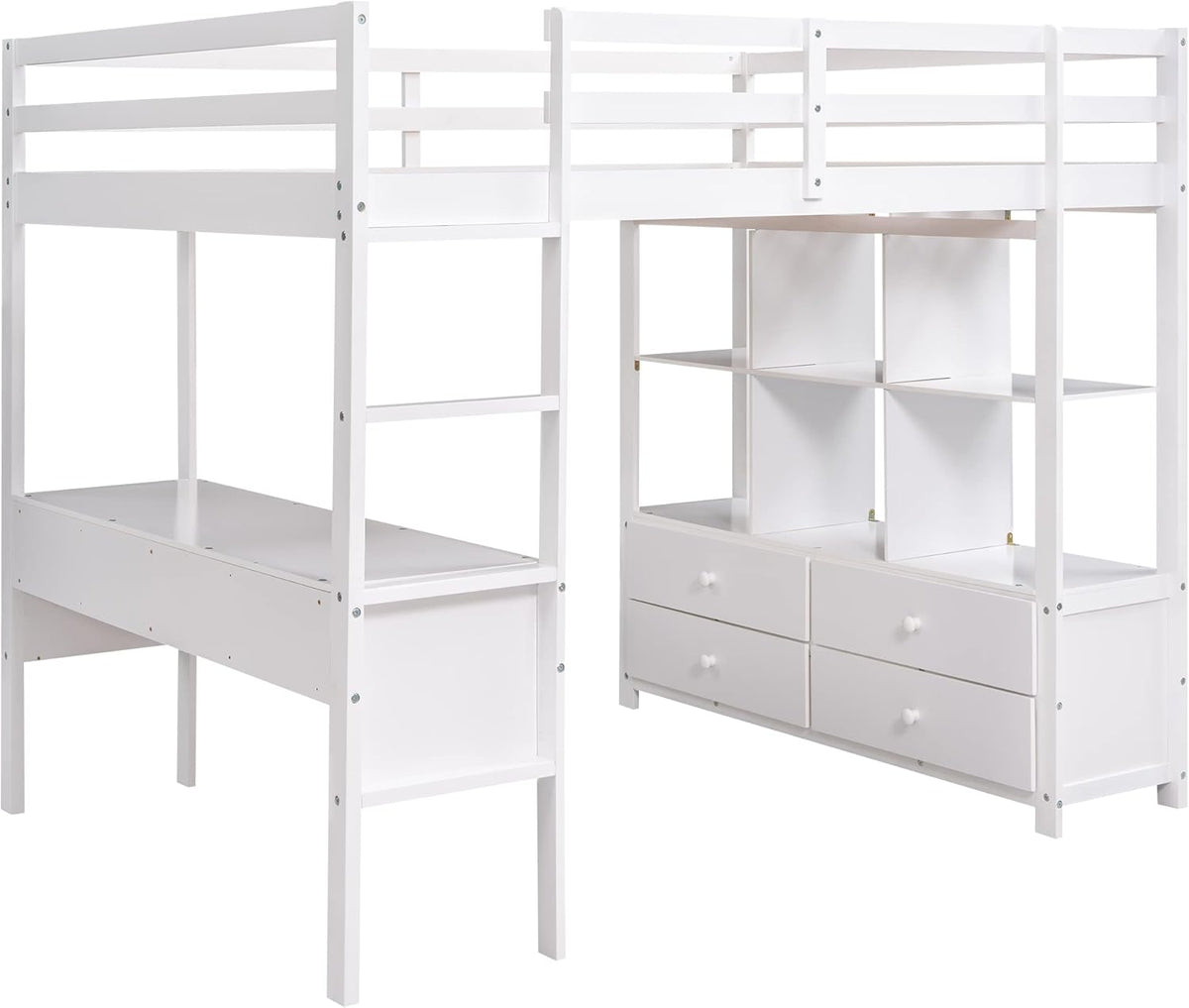 White Full Size Loft Bed with Built-in Desk, 2 Drawers and Storage Shelves Y494944