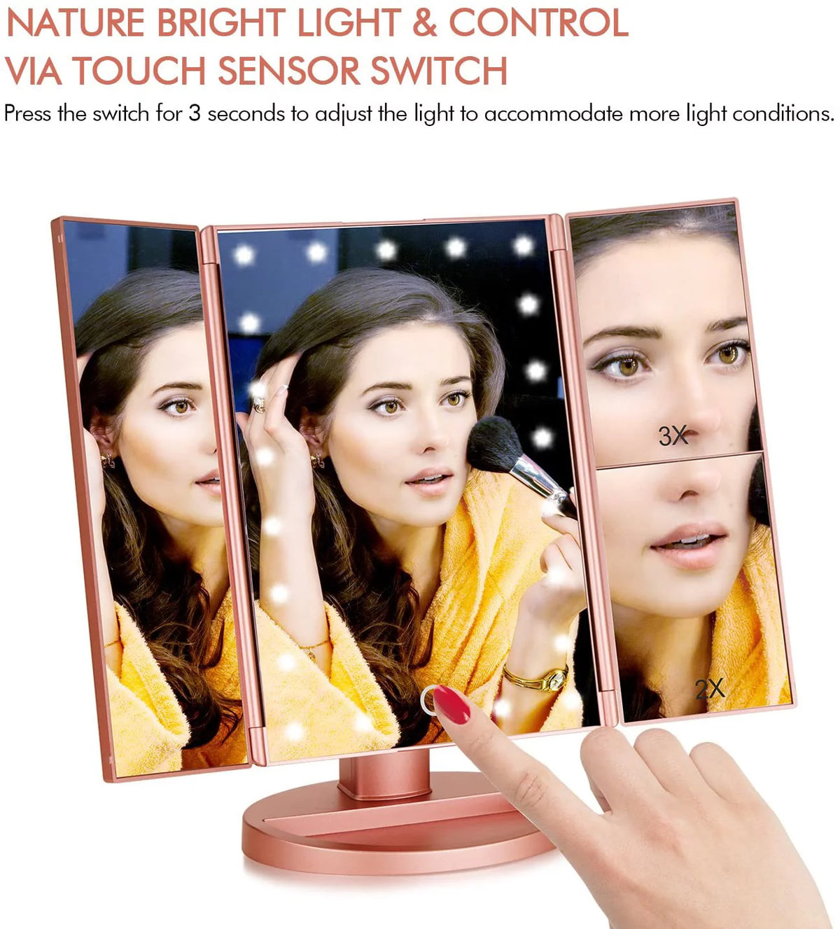 Tri-fold Lighted Vanity Makeup Mirror with 3x/2x Magnification O351484