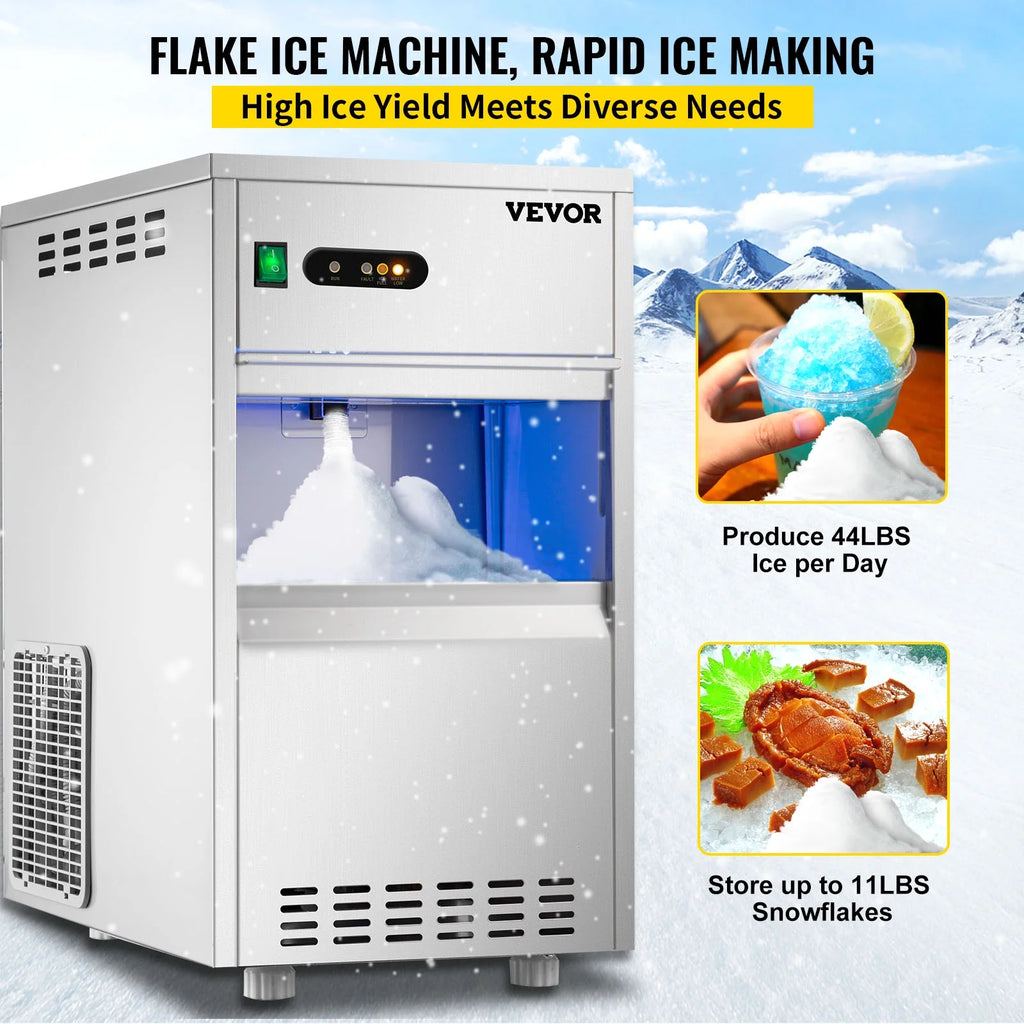 110V Commercial Snowflake Ice Maker 55lbs/24h, Food Grade Stainless Steel, Automatic Operation, Free Standing, Water Filter and Spoon O86458