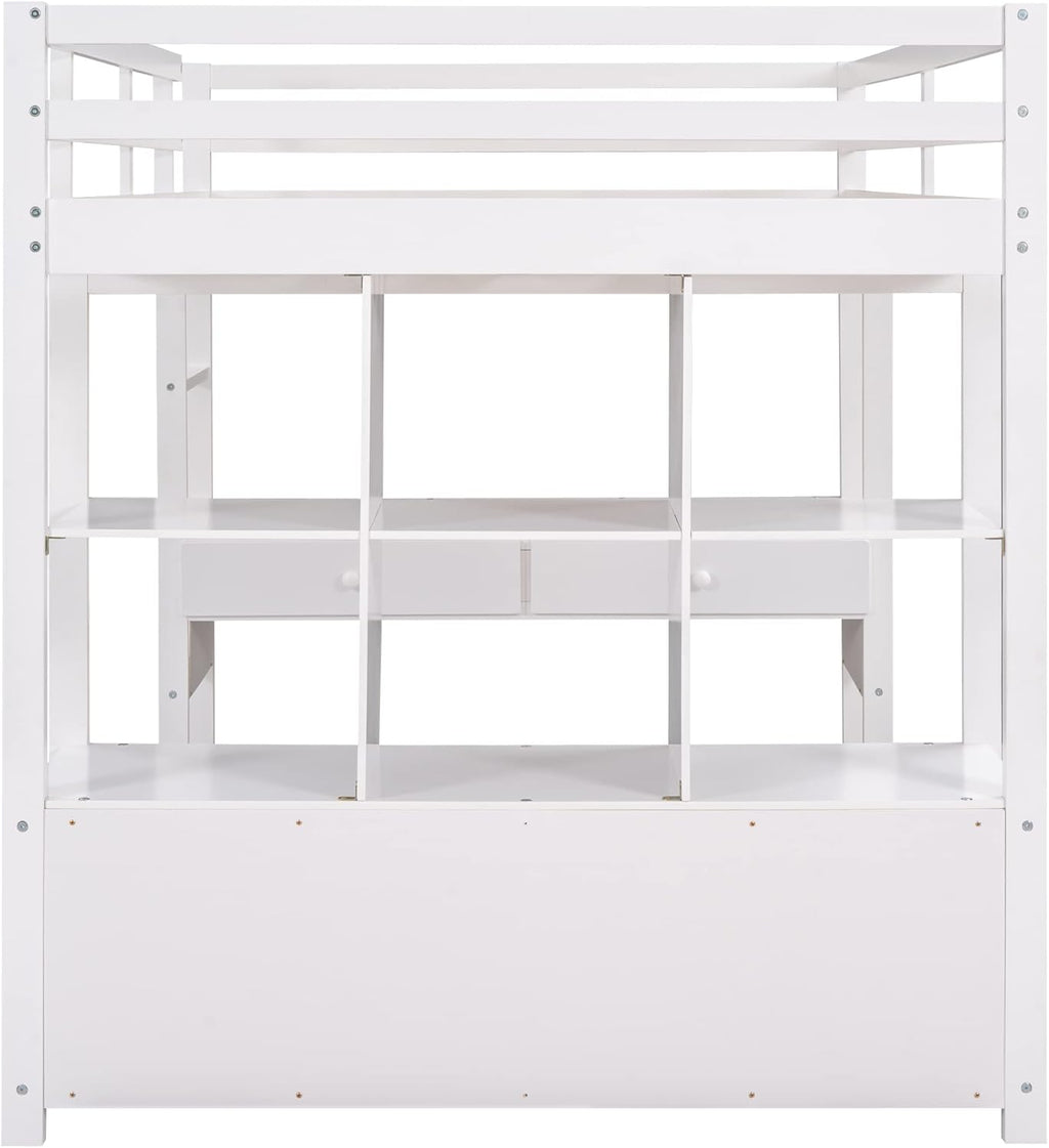 White Full Size Loft Bed with Built-in Desk, 2 Drawers and Storage Shelves Y494944