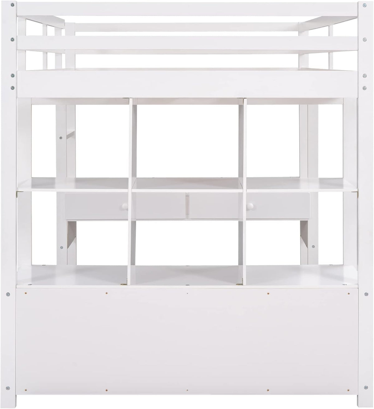 White Full Size Loft Bed with Built-in Desk, 2 Drawers and Storage Shelves Y494944