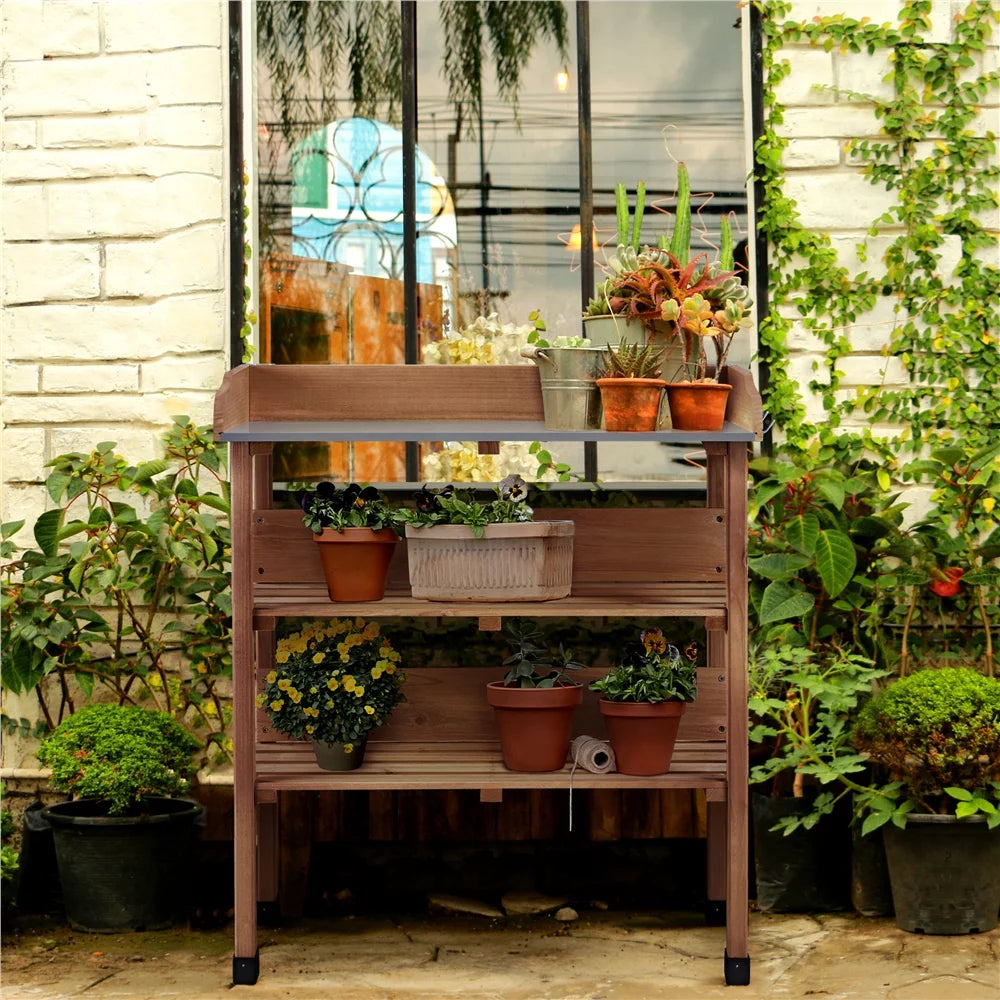 Brown Outdoor Potting Bench Table with Storage Shelf Z79486