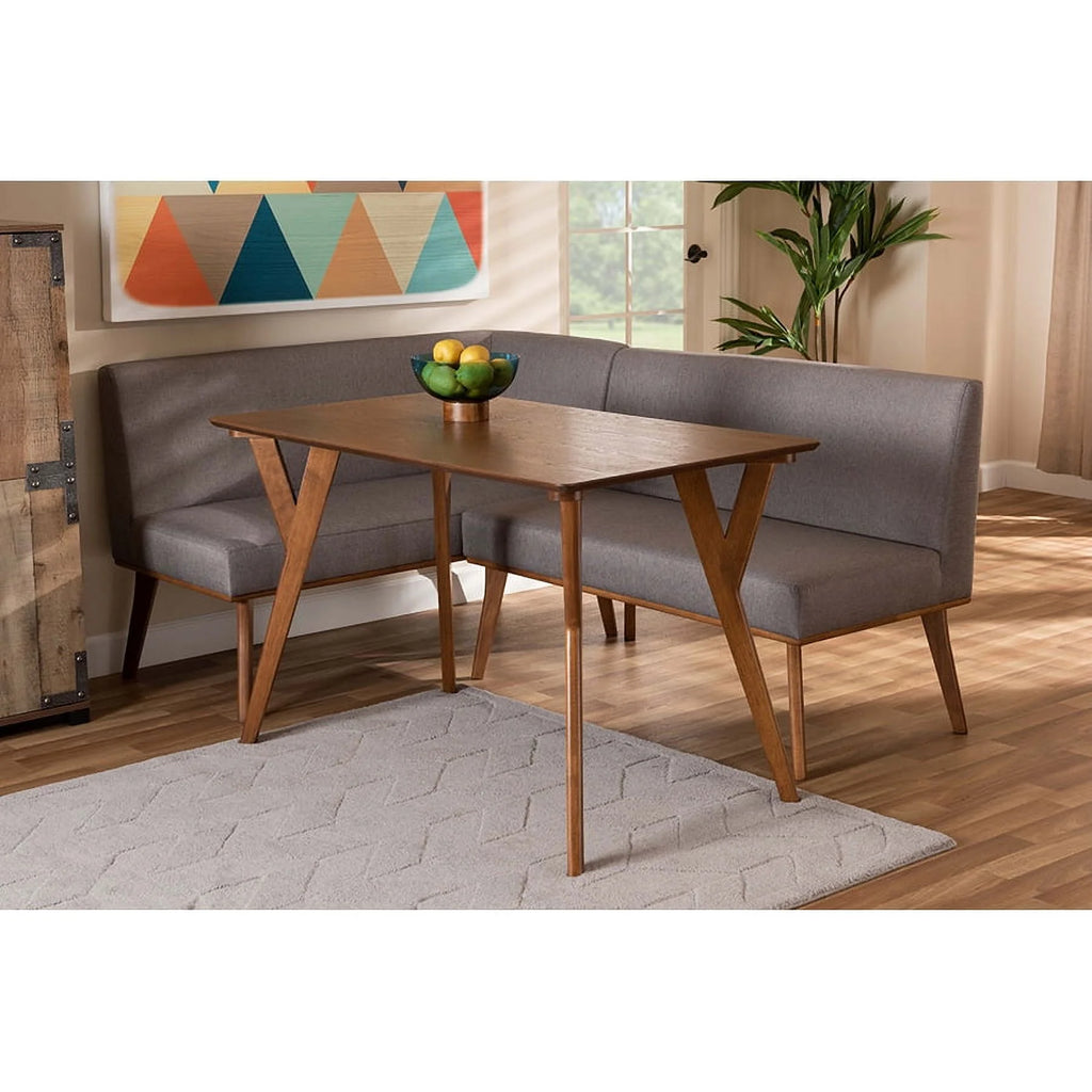 Grey Fabric Upholstered Walnut Brown Wood 3-Piece Dining Nook Set A425