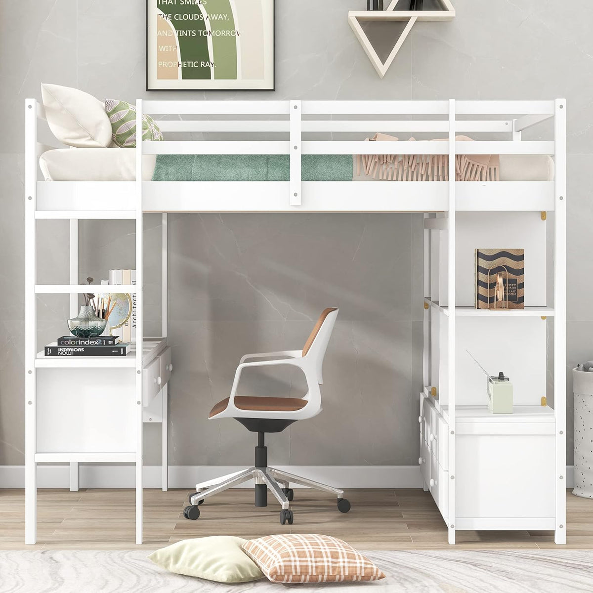White Full Size Loft Bed with Built-in Desk, 2 Drawers and Storage Shelves Y494944