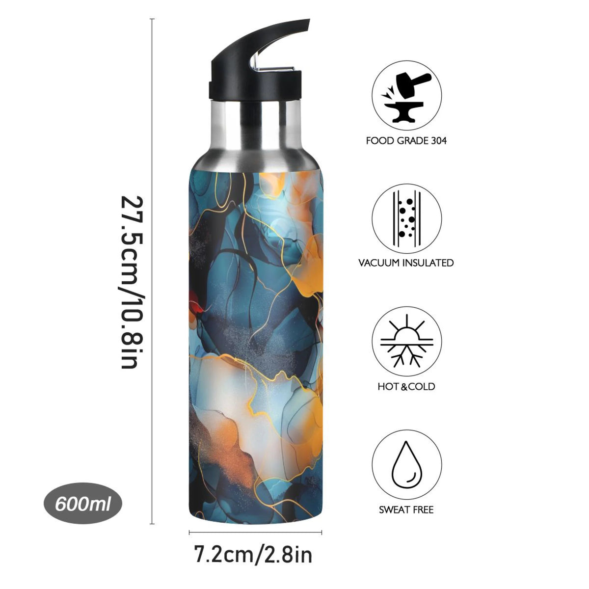 20 oz Stainless Steel Insulated Water Bottle with Straw Lid F4655