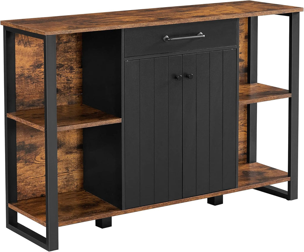 Rustic Brown and Black Steel Frame Buffet Cabinet with Drawer and Shelves L362