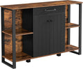 Rustic Brown and Black Steel Frame Buffet Cabinet with Drawer and Shelves L362