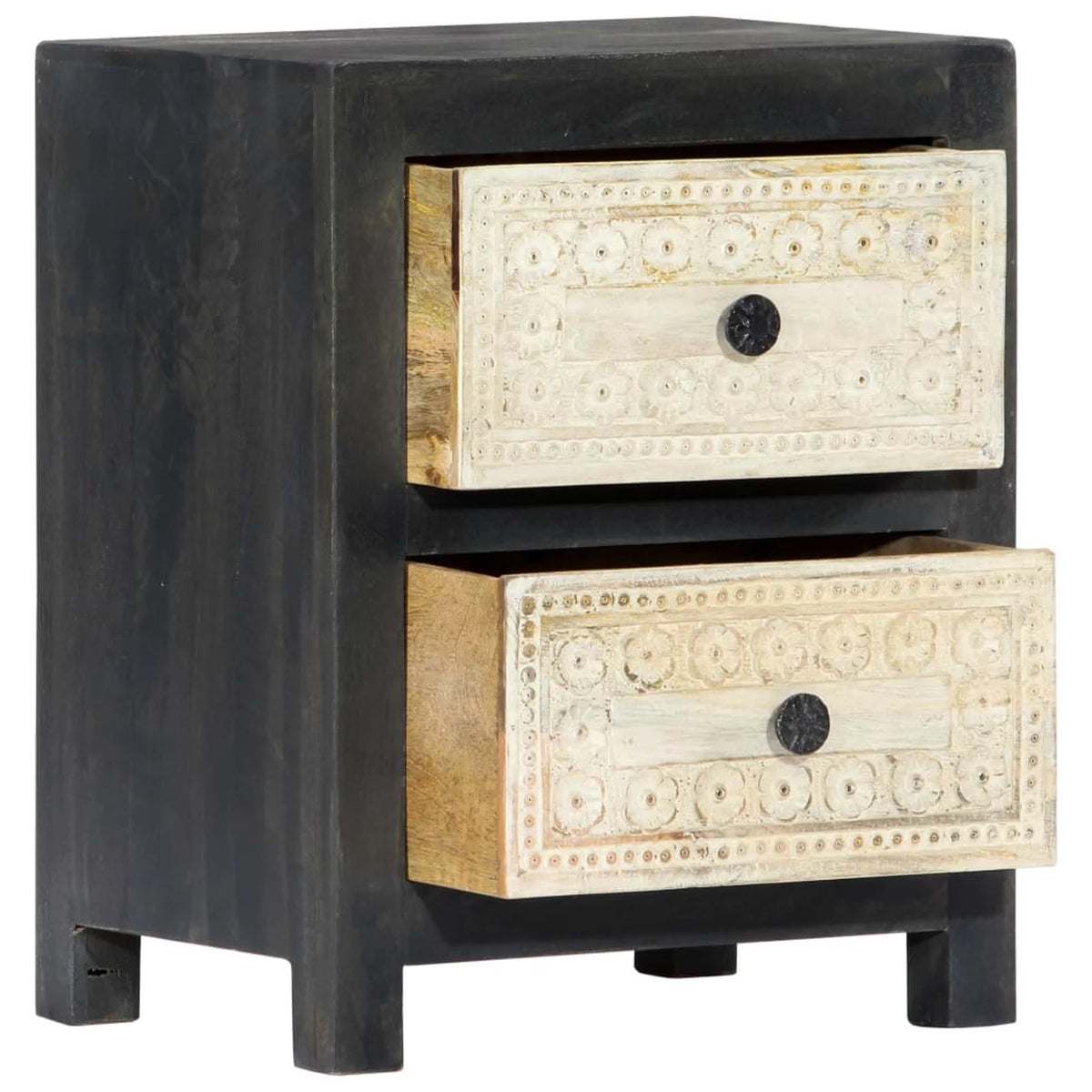 Hand Carved Gray Solid Mango Wood Bedside Cabinet P44893