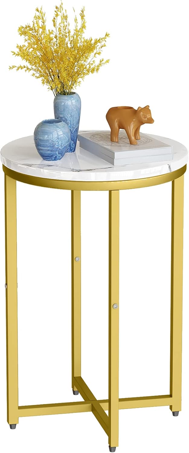 Round Side Table Metal Faux Marble 16'' D 25'' H Q7786