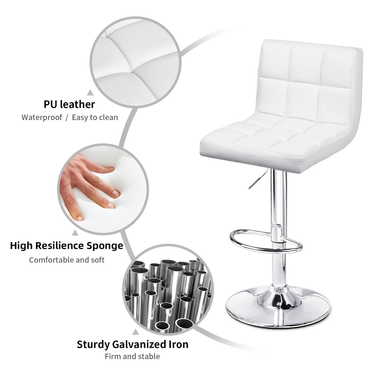 White PU Leather Height Adjustable Swivel Bar Stools Set of 2 E5574