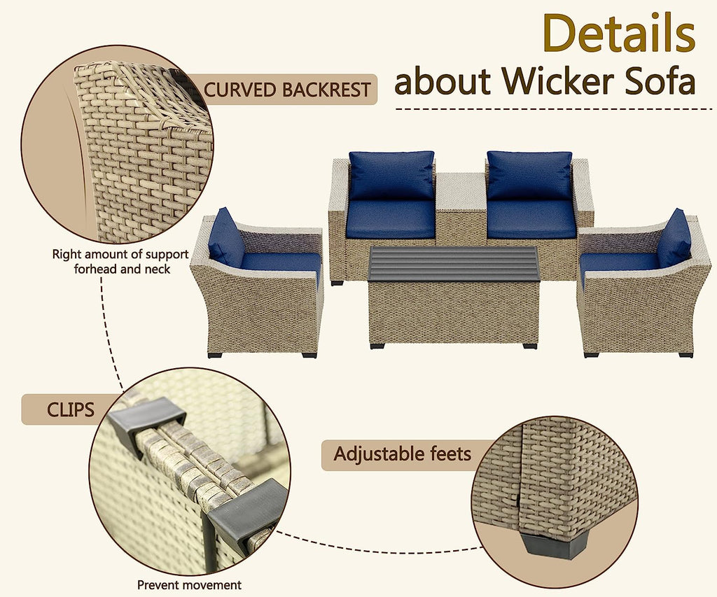 6 Piece Modular Outdoor Wicker Patio Conversation Sofa Set F77076