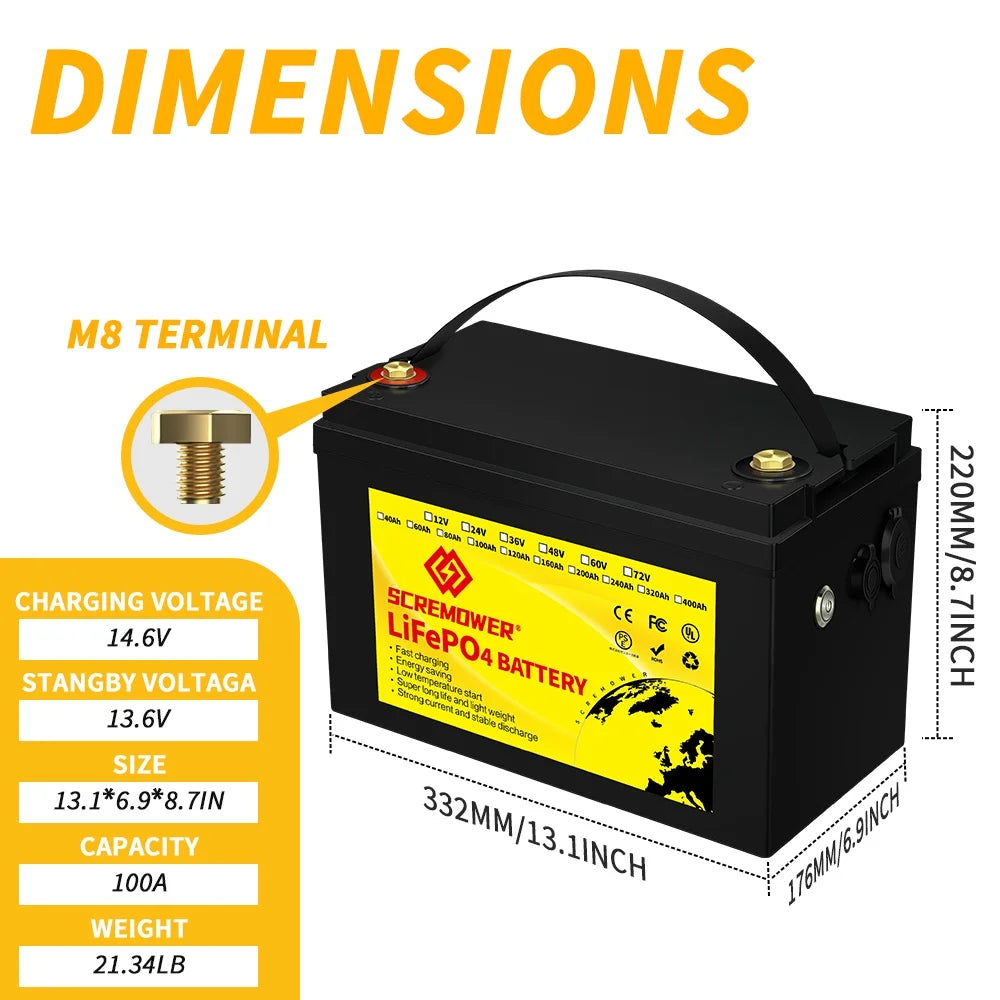 12V 100AH LiFePO4 Lithium Battery with 100A BMS M781436