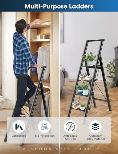4 Step Ladder, Lightweight Portable Folding with Anti-Slip Wide Pedal, 330lb Capacity Aluminum, Black V2866