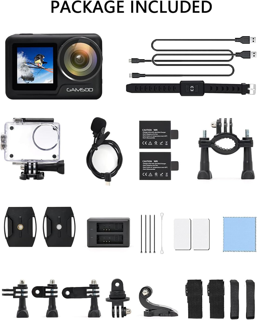 4K 60FPS Waterproof Action Camera with Stabilization, WiFi, Dual Screen, 2 Batteries V57122