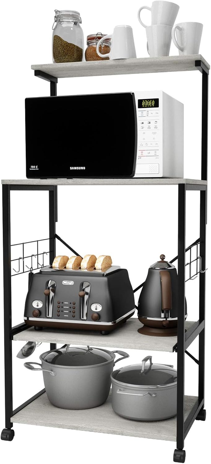4 Tier Kitchen Utility Storage Shelf Cart on Wheels with Side Hooks (Gray) H78328