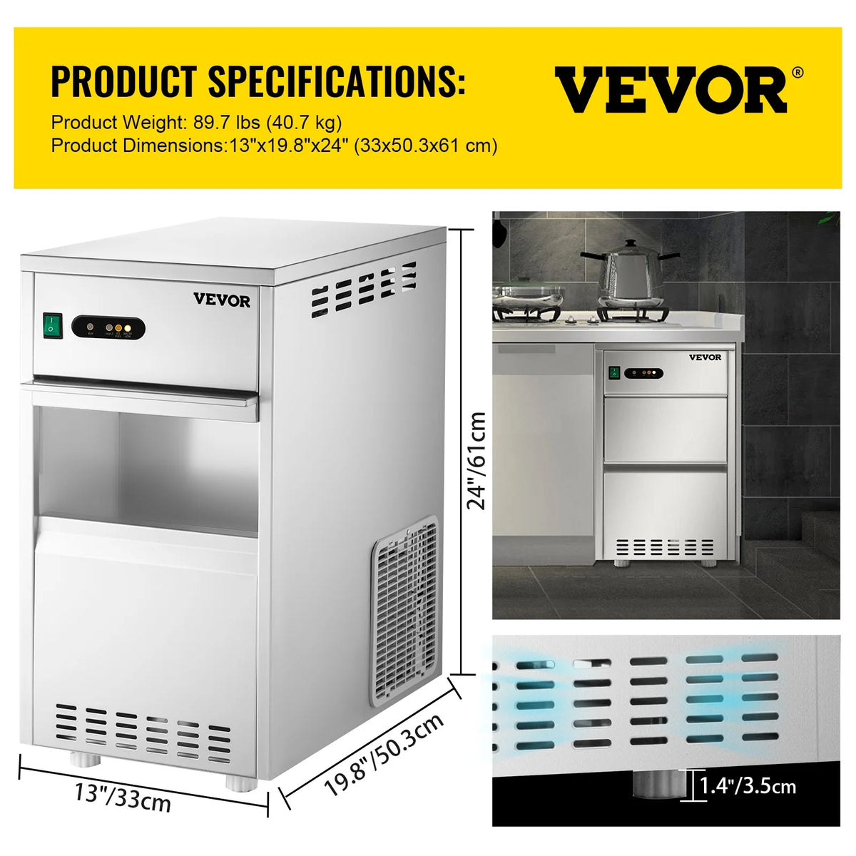 110V Commercial Snowflake Ice Maker 55lbs/24h, Food Grade Stainless Steel, Automatic Operation, Free Standing, Water Filter and Spoon O86458