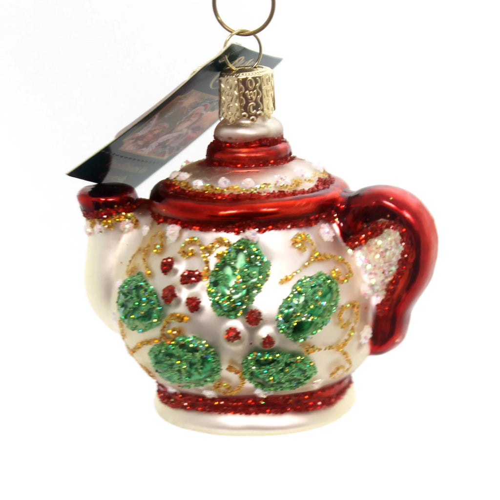 Glass Blown Christmas Ornament, Holly Teapot F64748