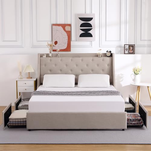 Full Size Upholstered Platform Bed with Button Tufted Storage Headboard and 4 Storage Drawers X780103