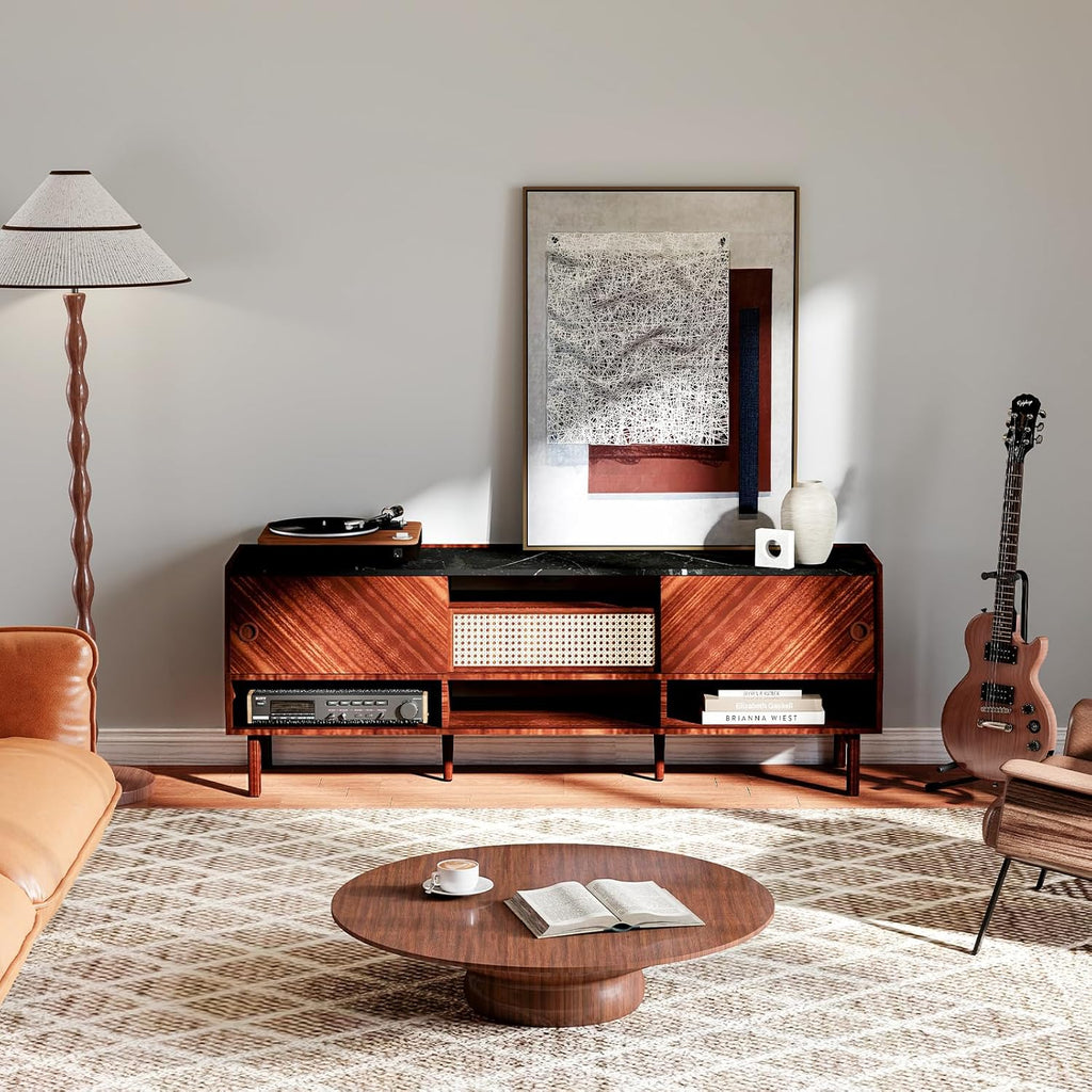 Walnut 67 inch TV Stand with Rattan Drawer K81891