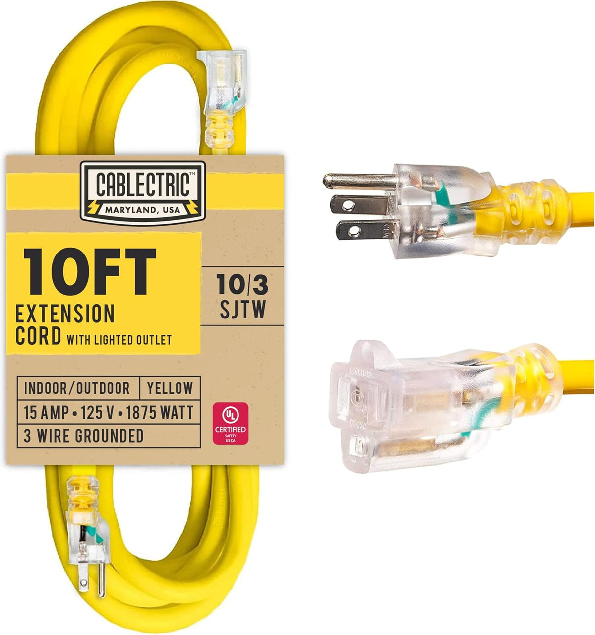 75 Ft 10 Gauge Yellow Heavy Duty Extension Cord J8808