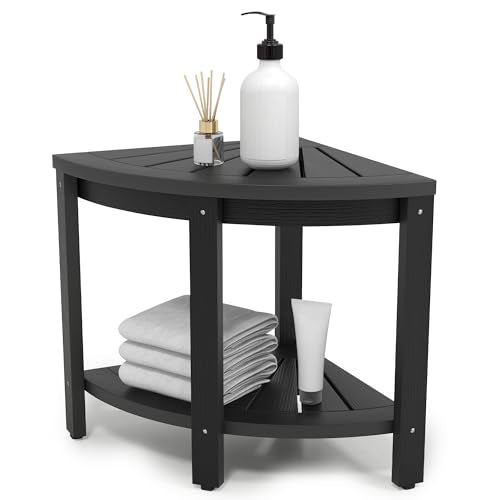 Black Poly Lumber Corner Shower Bench with Storage Shelf M872687